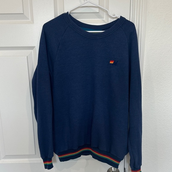 Aviator Nation Dark Blue Sweater with Colorful Rainbow Trim Size Large Cotton - Picture 1 of 5